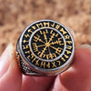 Gold Trimmed Viking Compass Vegvisir Ring With Runes