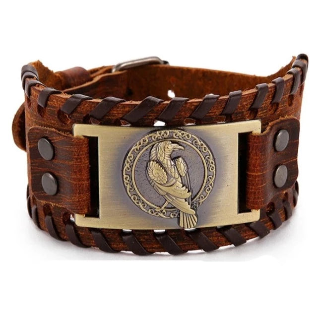 Norse Raven Viking Leather Bracelet