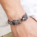 Double Wolf Head Bracelet With Woven Black Cord