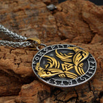 Gold Trimmed Raven Necklace With Valknut Symbol