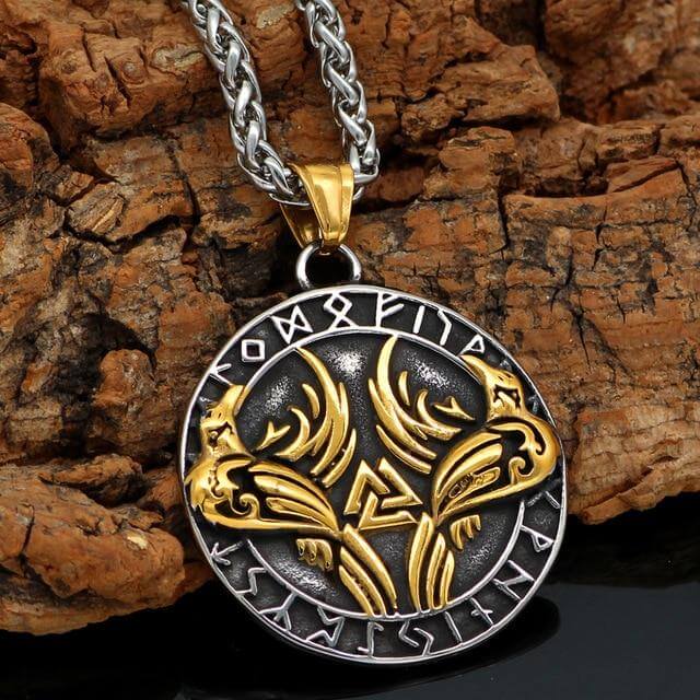 Gold Trimmed Raven Necklace With Valknut Symbol