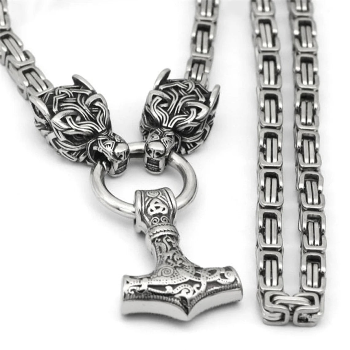 King Chain With Wolf Heads &  Mjolnir Pendant