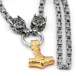 King Chain With Wolf Heads & Gold Mjolnir Pendant