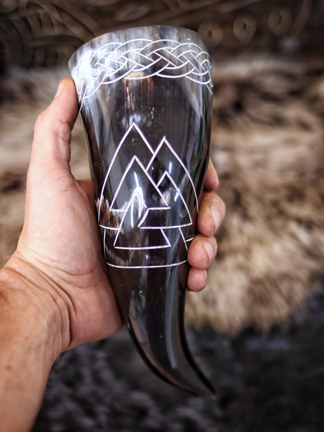 Carved Drinking Horn With Valknut Decorative Symbol