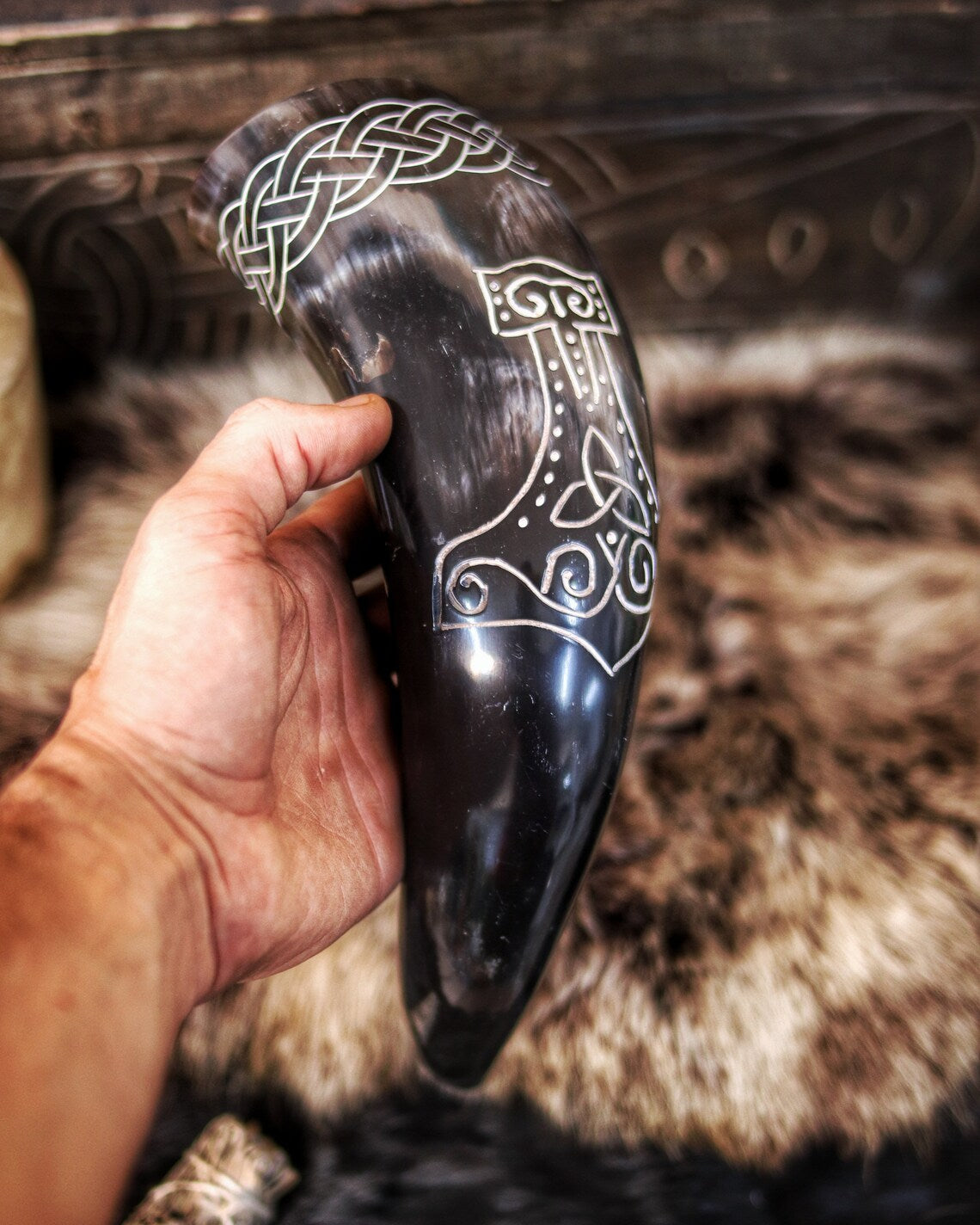 Carved Drinking Horn With Mjölnir Symbol