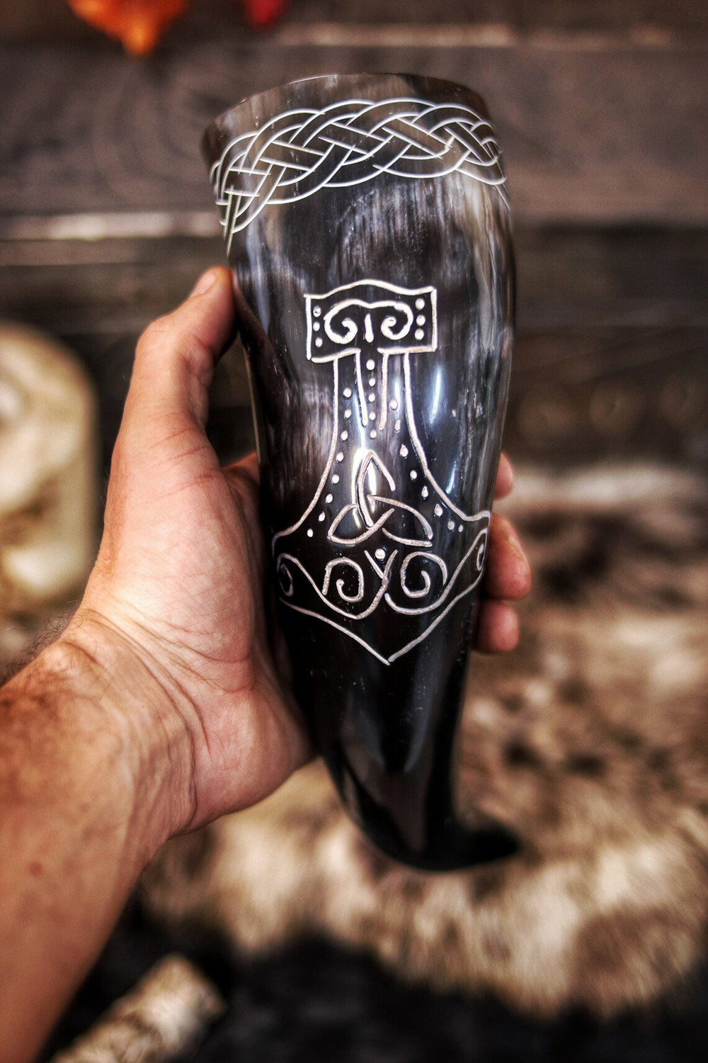 Carved Drinking Horn With Mjölnir Symbol