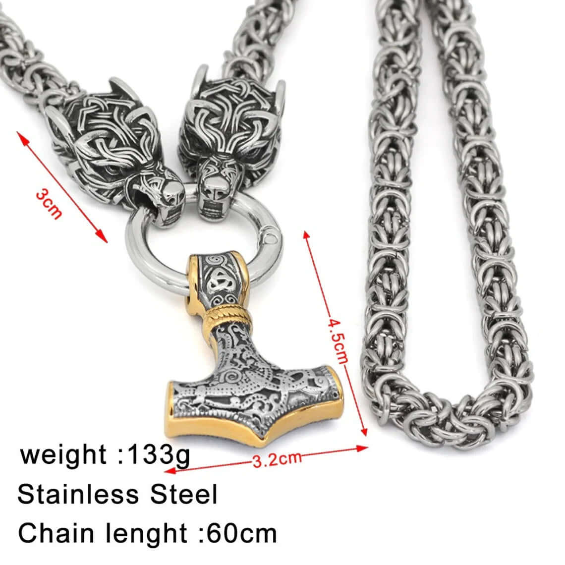 Braided King Chain With Wolf Heads &  Mjolnir Pendant