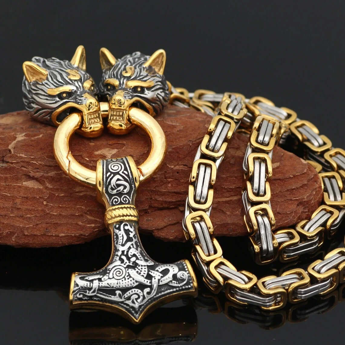 Gold Trimmed King Chain With Wolf Heads & Mjolnir Pendant