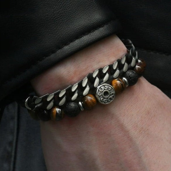 Men's Viking Beaded Bracelet-Stainless Steel Link Chain Wristband Set