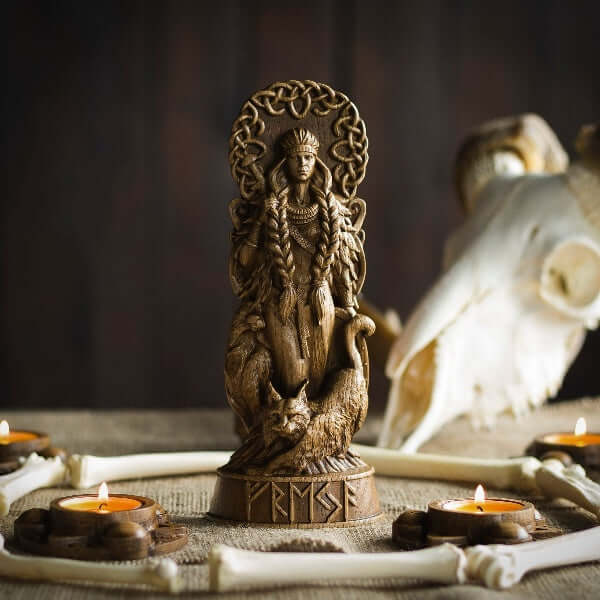 Freyja Norse Goddess Statue, Wood Carving Sculpture