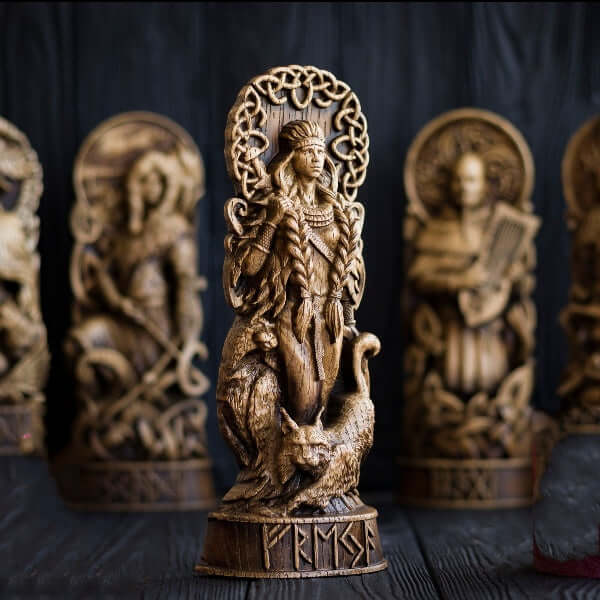 Freyja Norse Goddess Statue, Wood Carving Sculpture