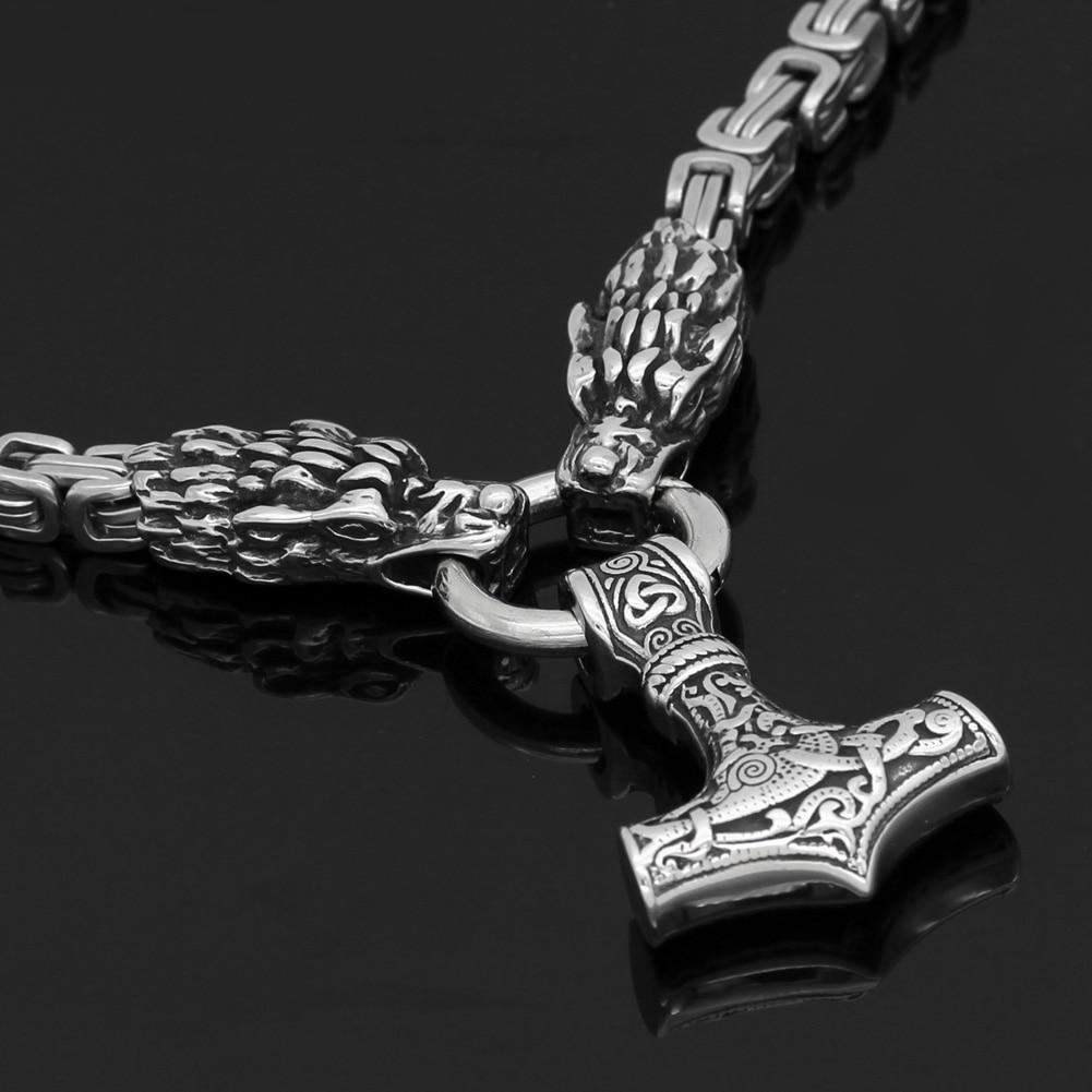 King Chain With Dragon Heads & Mjolnir Pendant