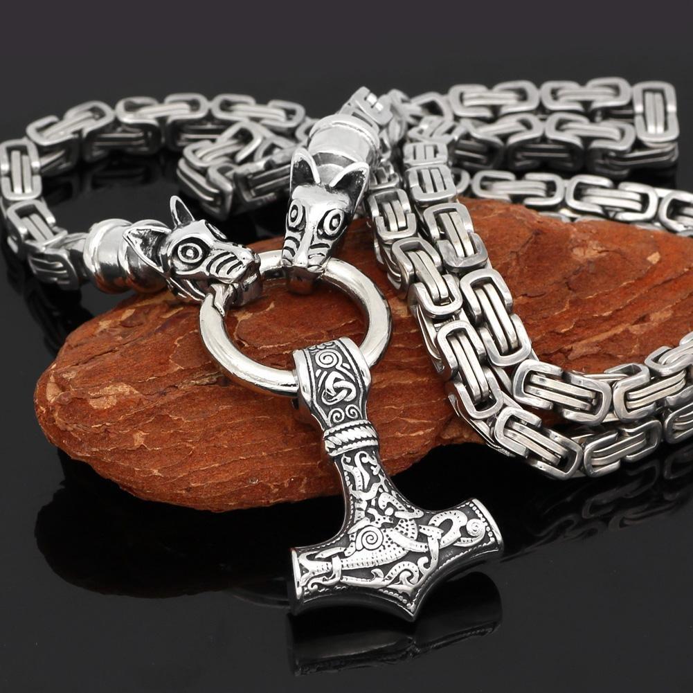 King Chain With Wolf Heads & Mjolnir Pendant