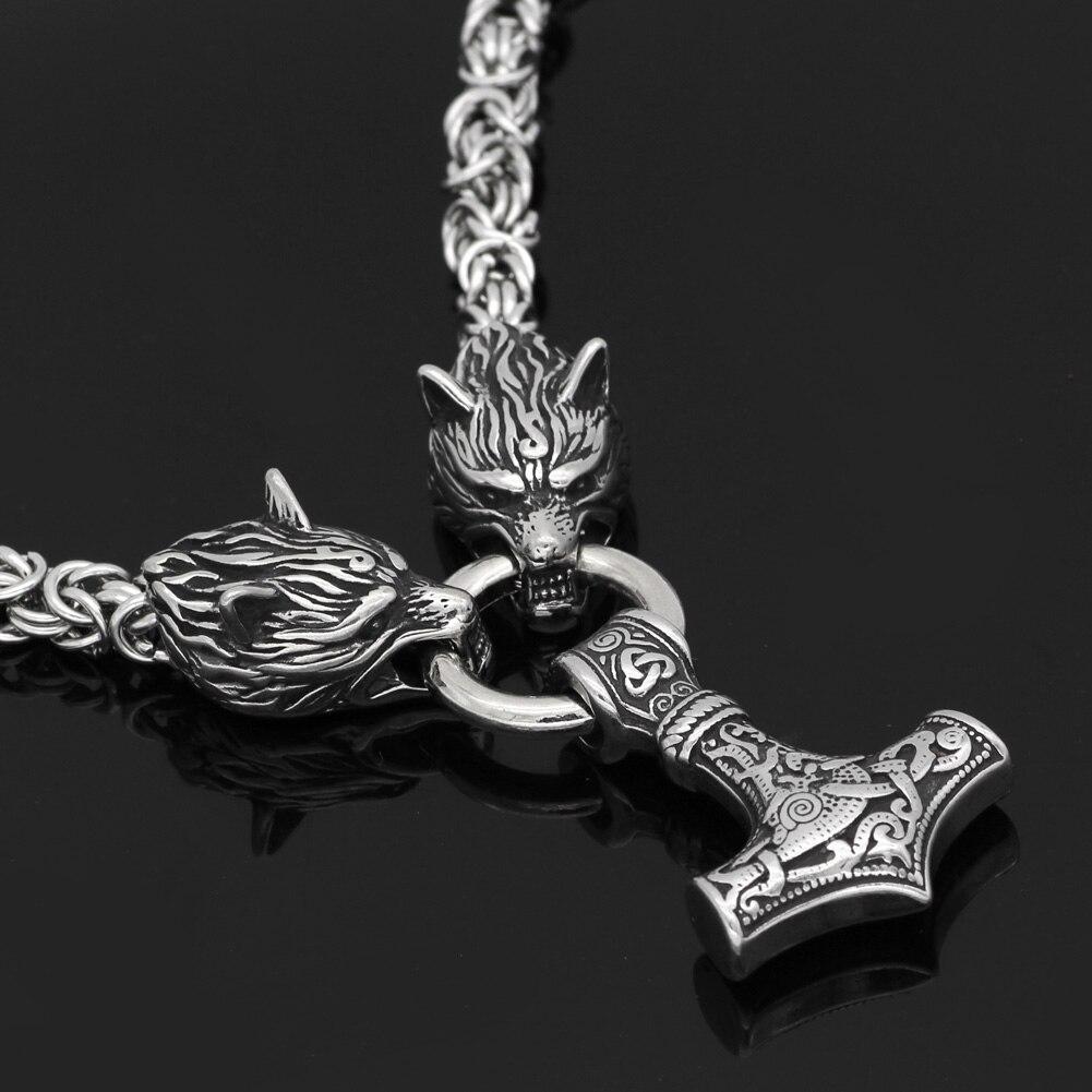 King Chain With Wolf Heads & Mjolnir Pendant