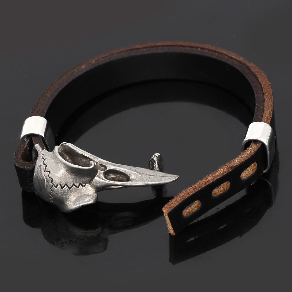 Leather Viking Bracelet With Raven Skull