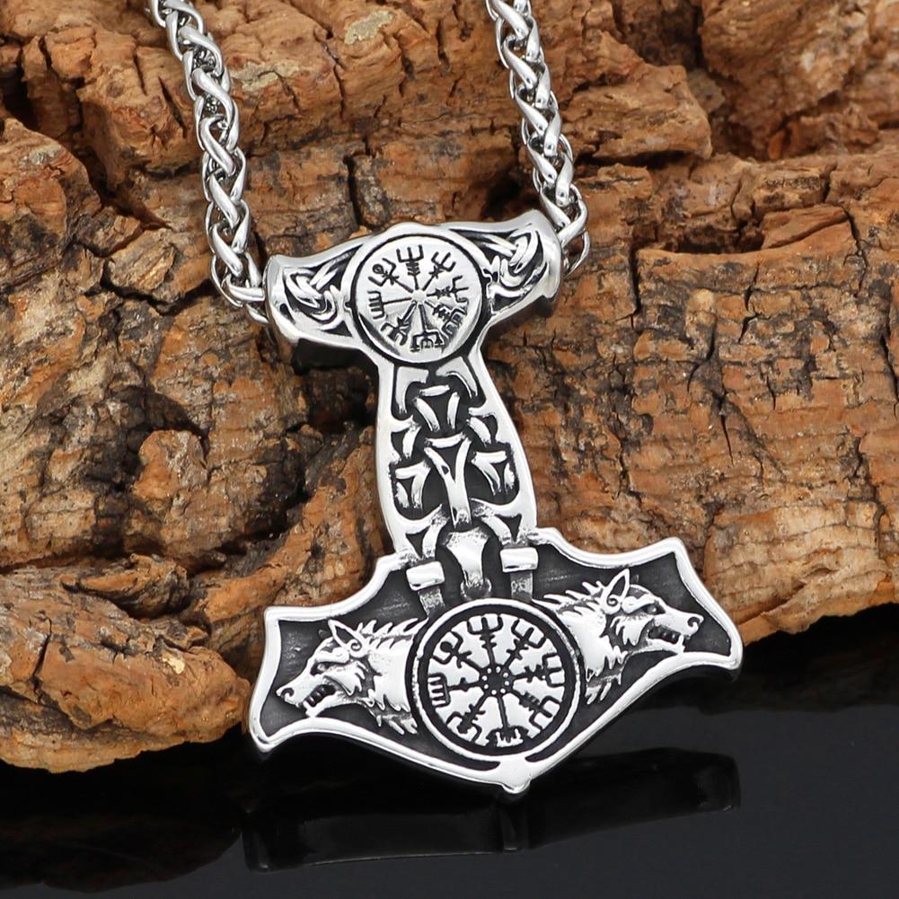 Mjolnir Necklace With Wolves & Vegvisir Symbol