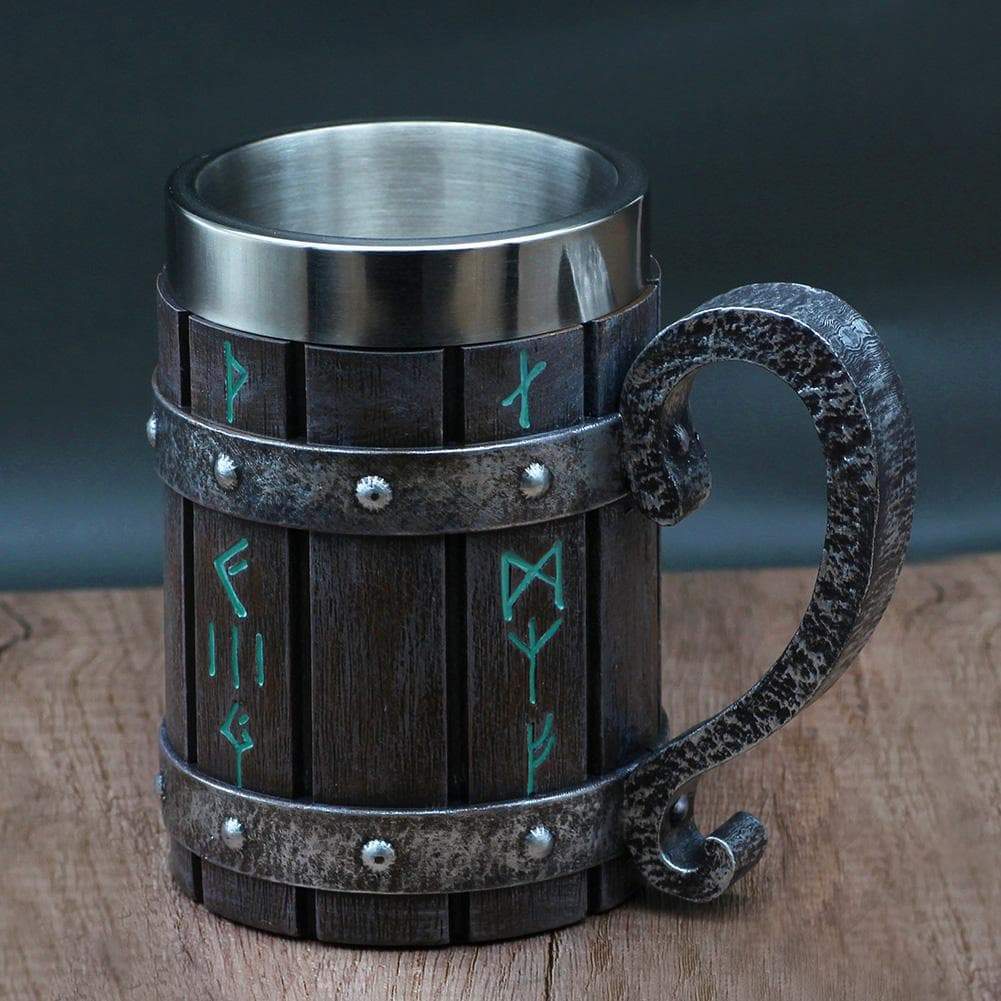 VIKING RUNES 'WOODEN' 600ML STAINLESS STEEL TANKARD MUG