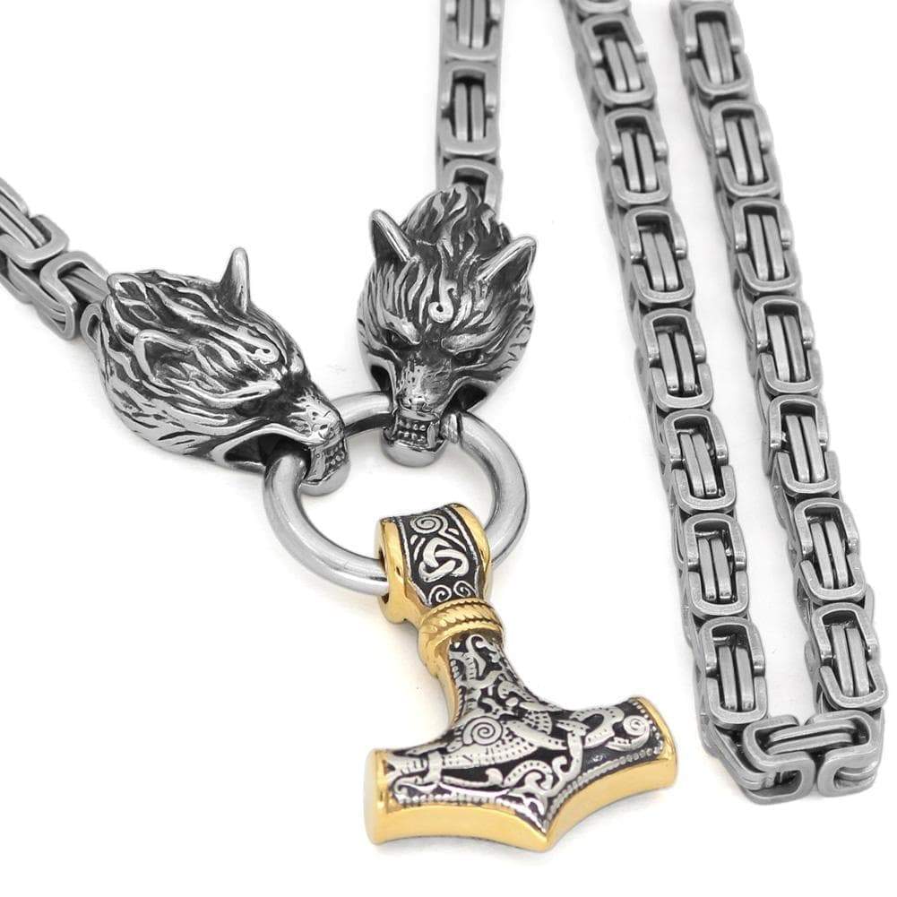 King Chain With Wolf Heads & Gold Trimmed Mjolnir