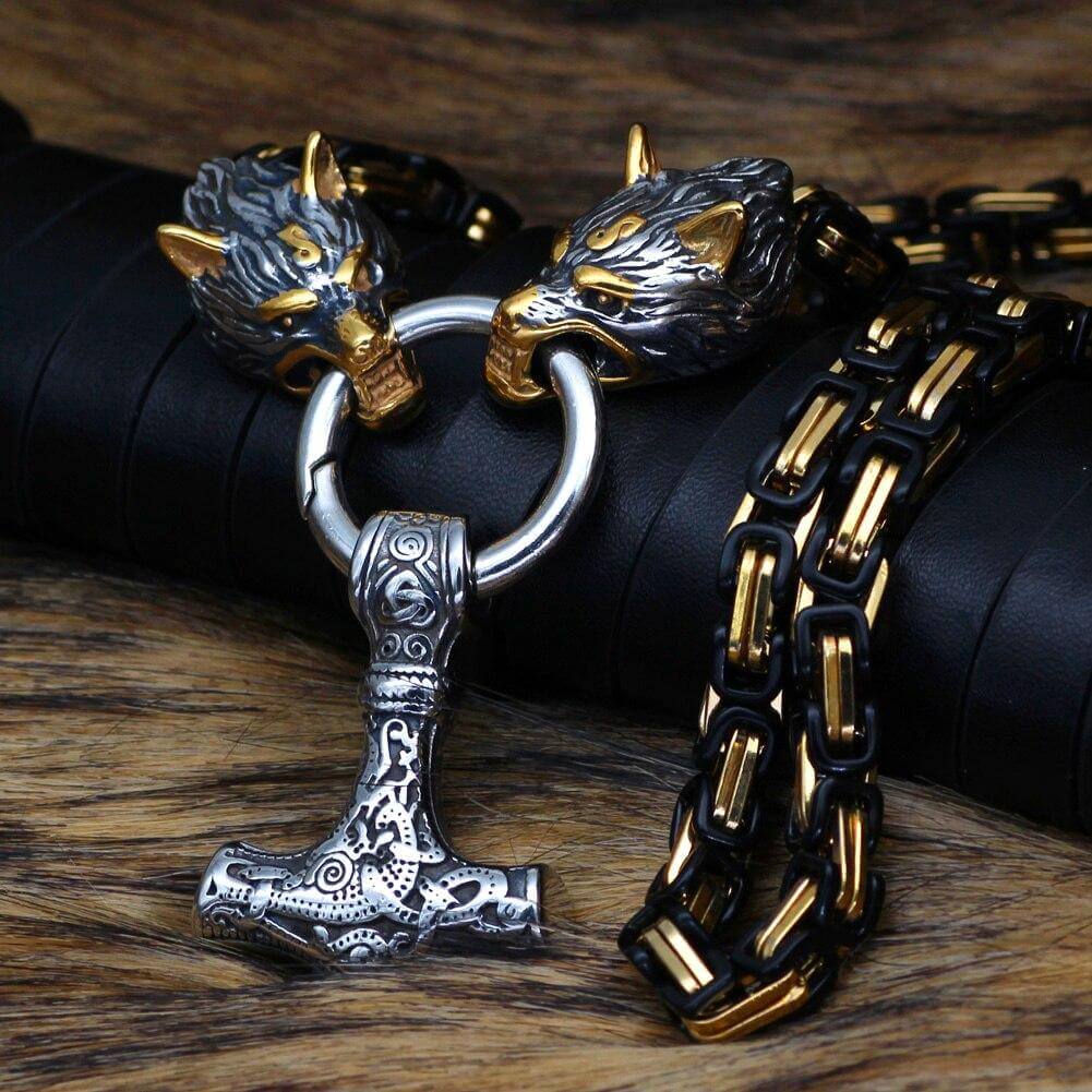 Gold And Black Trimmed King Chain With Wolf Heads & Mjolnir Pendant
