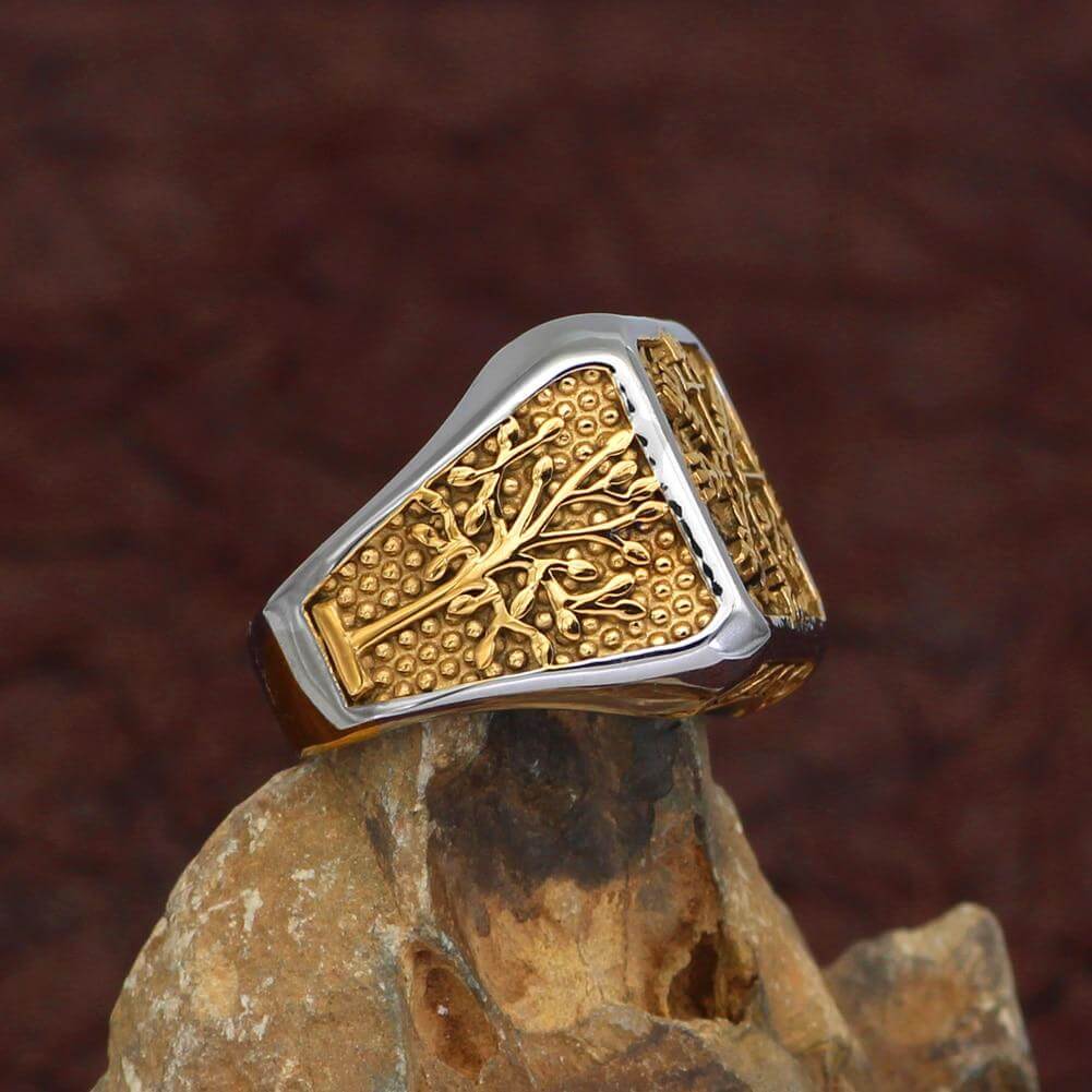 Gold Vegvisir & Yggdrasil Tree of Life Ring