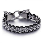 Double Wolf Head Bracelet With Woven Black Cord