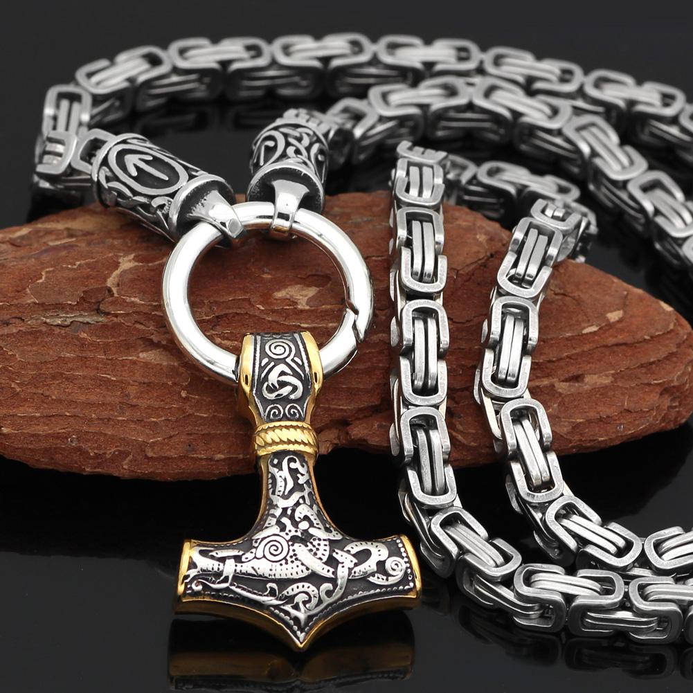 Rune King Chain With Gold Trimmed Mjolnir Pendant