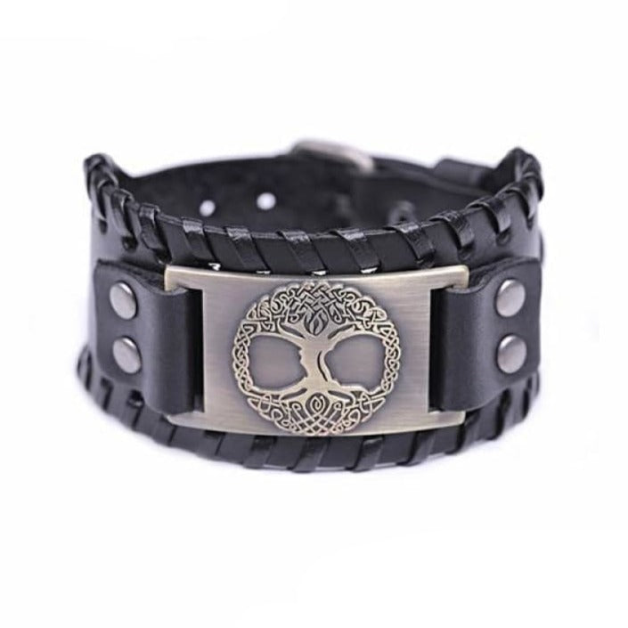 VIKING CUFF TREE OF LIFE - Antique Bronze Black - viking leather cuff