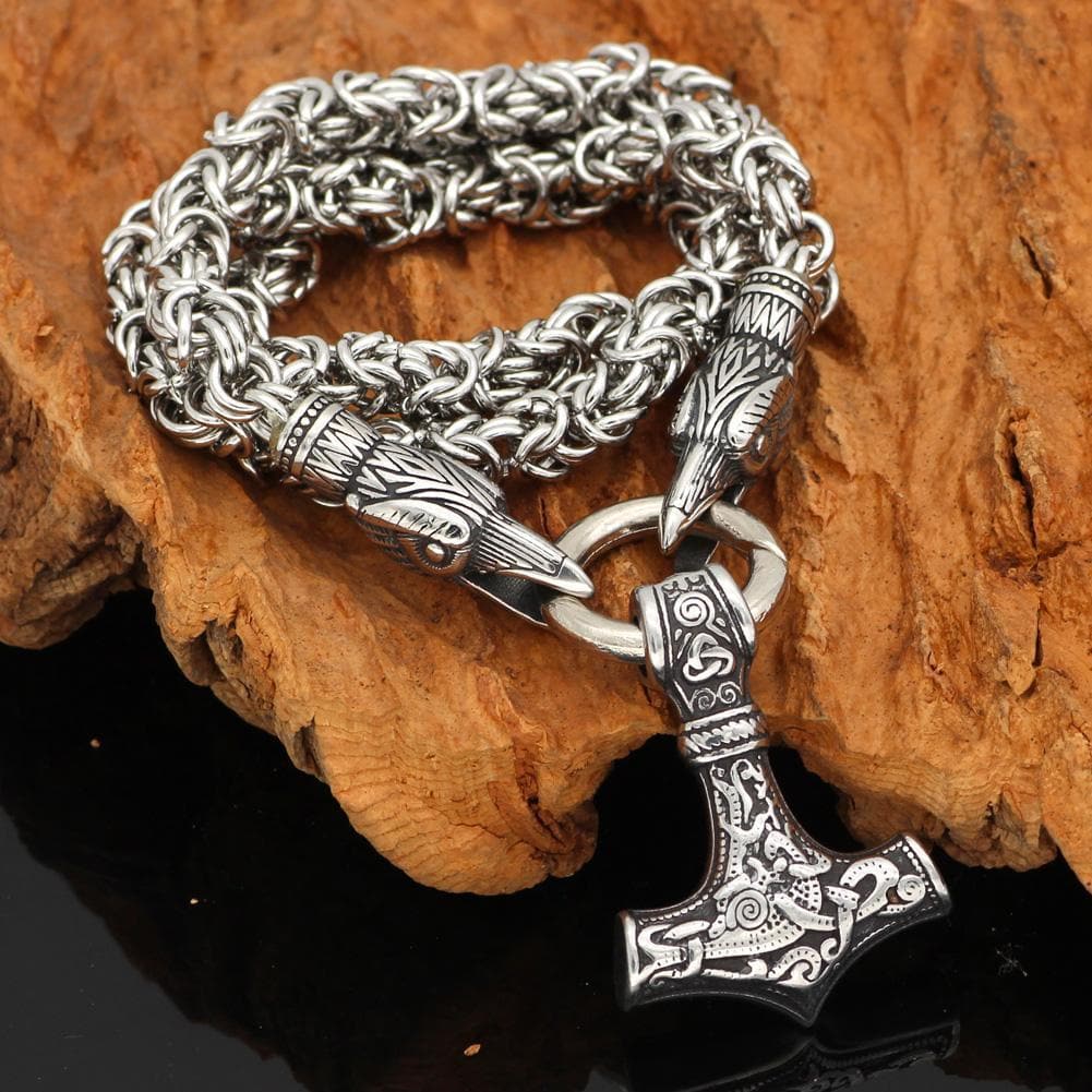 King Chain With Odin's Ravens & Mjolnir Pendant