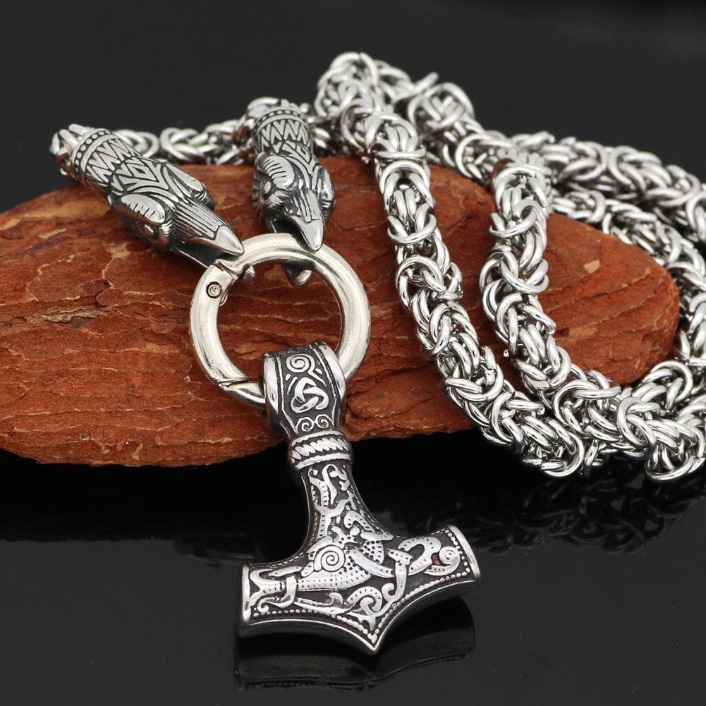 King Chain With Odin's Ravens & Mjolnir Pendant