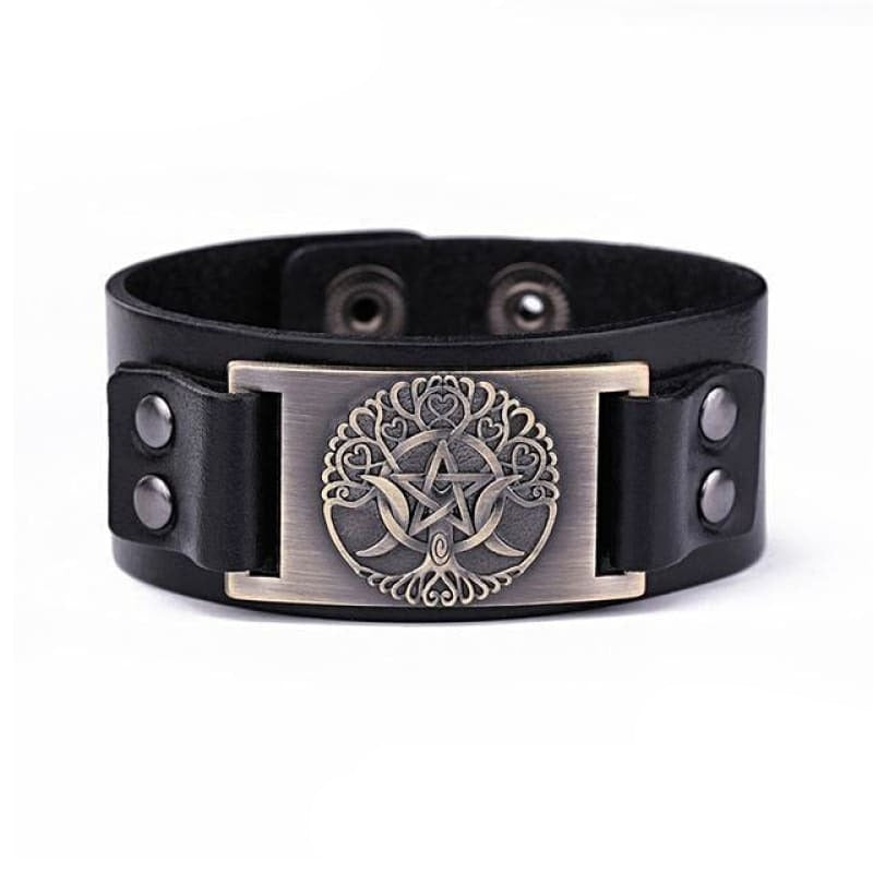 VIKING LEATHER BRACELET YGGDRASIL - Black - Bronze - viking leather cuff