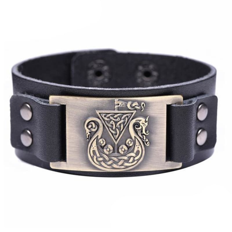 VIKING SHIP DRAKKAR BRACELET - Black-Bronze / Worldwide - viking leather cuff