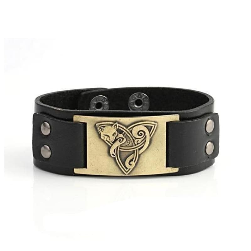 VIKING TRIQUETRA FOX BRACELET - Black - Bronze - viking leather cuff