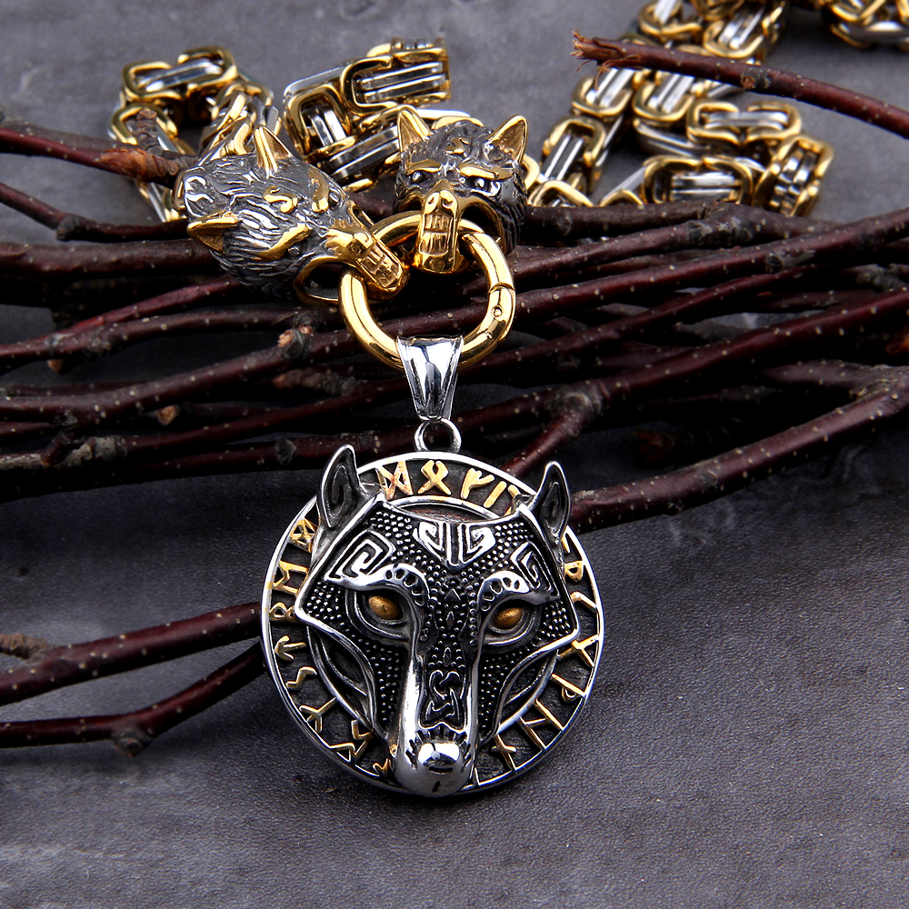 Gold Trimmed King Chain With Wolf Heads & Fenrir Pendant