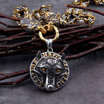 Gold Trimmed King Chain With Wolf Heads & Fenrir Pendant